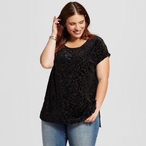 Ava & Viv Blk High/Low Velvet Overlay Burnout Top